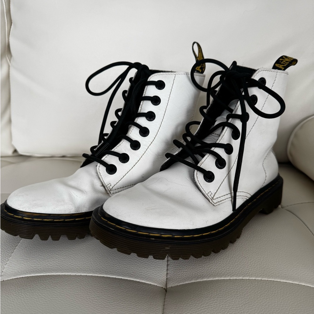 Dr. Martens White Lace-Up Leather Combat Boots with Black Laces